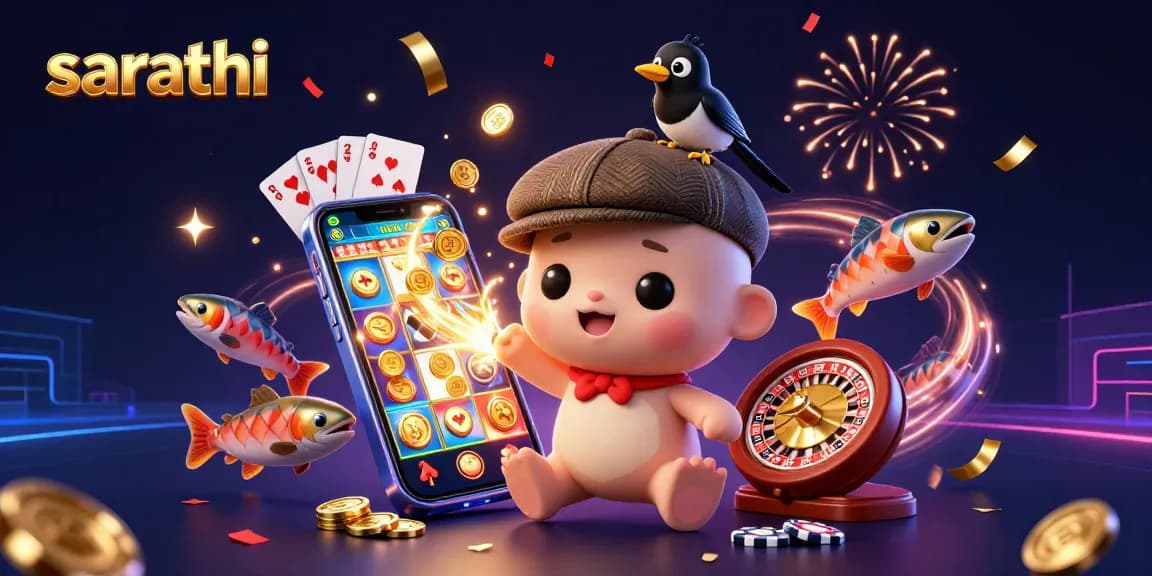 Sarathi brings a vibrant gambling scene to life with 3D characters enjoying a dynamic casino atmosphere.