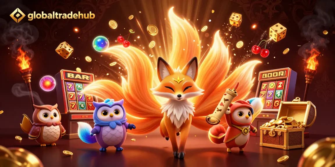 Engage in thrilling wins at globaltradehub with vibrant casino visuals, a colorful fox, and dancing spirits.