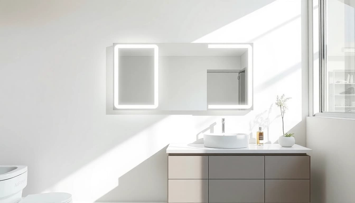 View of a modern mirror with lights above a stylish vanity in a bright bathroom.