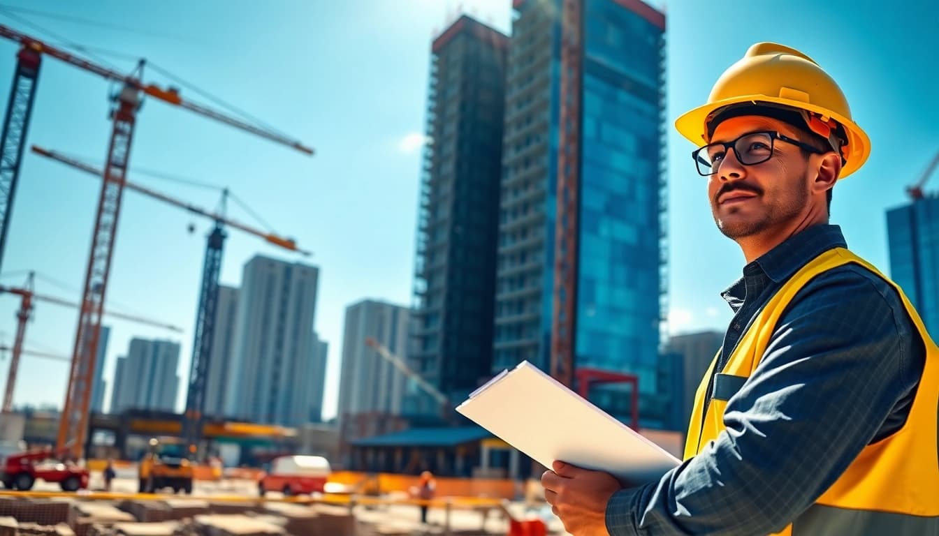 New York Construction Manager supervising a vibrant construction site with cranes and active workers.