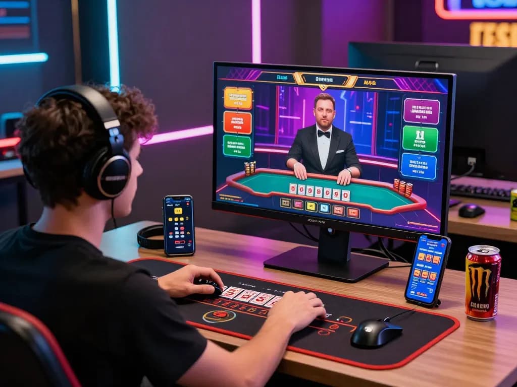 Engaged player at a baccarat site enjoying an immersive gaming experience with live dealer, modern setup, and vibrant lighting.
