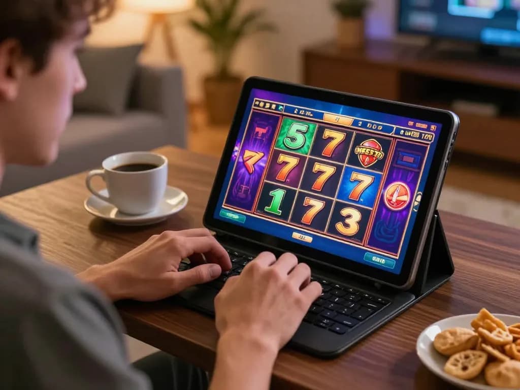 Player enjoying slot777 on a tablet, colorful game interface glowing, relaxed home setting.