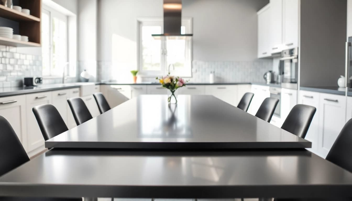 Elegant steel table for kitchen showcasing a polished design in a bright, inviting space.