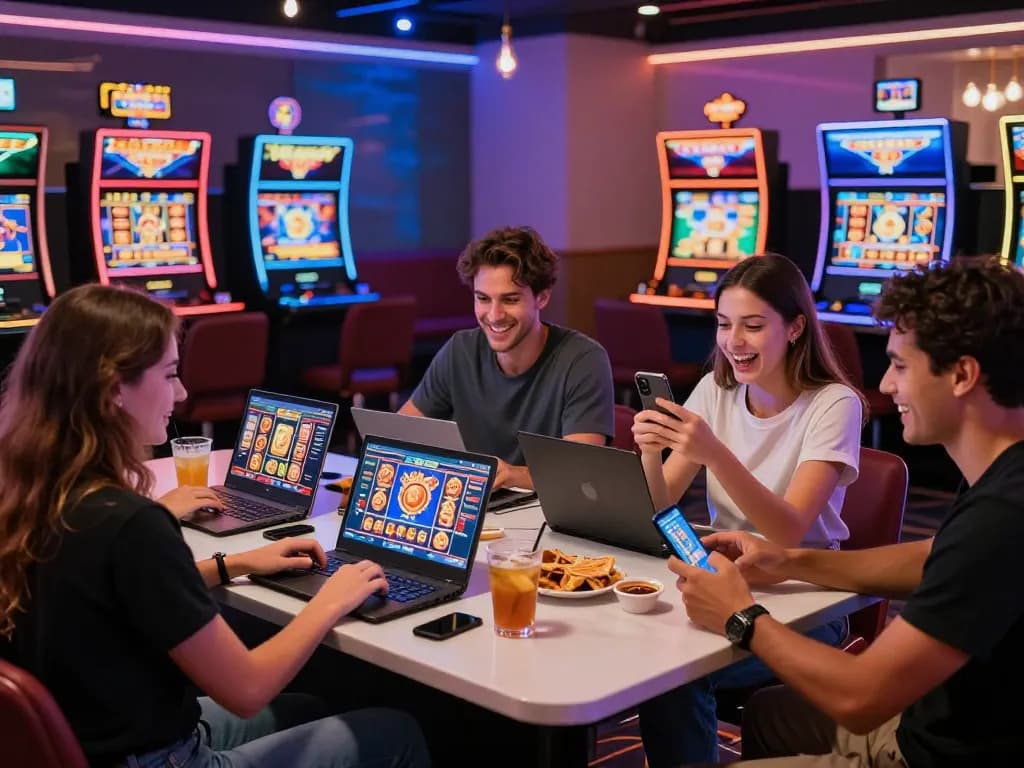 Kumpulan orang menikmati slot online laoban188 di suasana kasino yang hidup dengan layar dan camilan