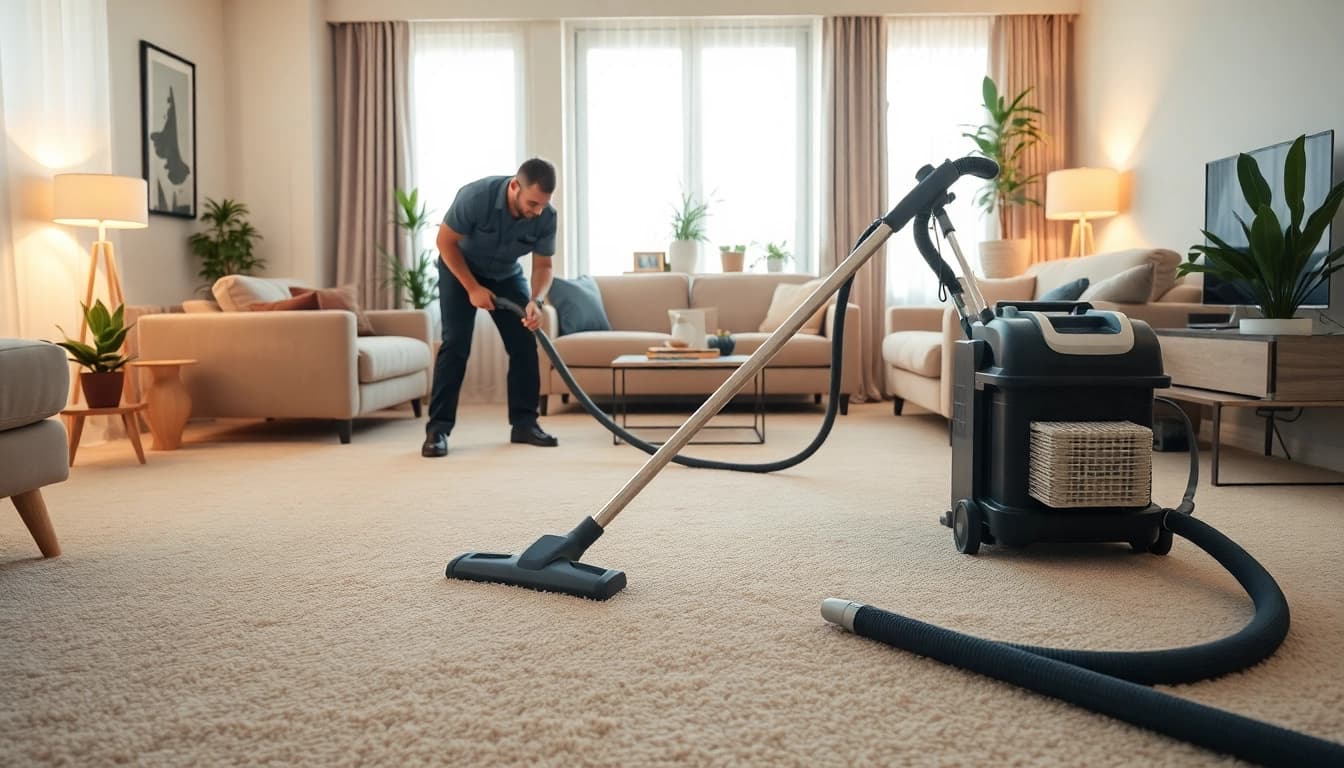 Efficient carpet cleaning near me in a bright living room with professional equipment.