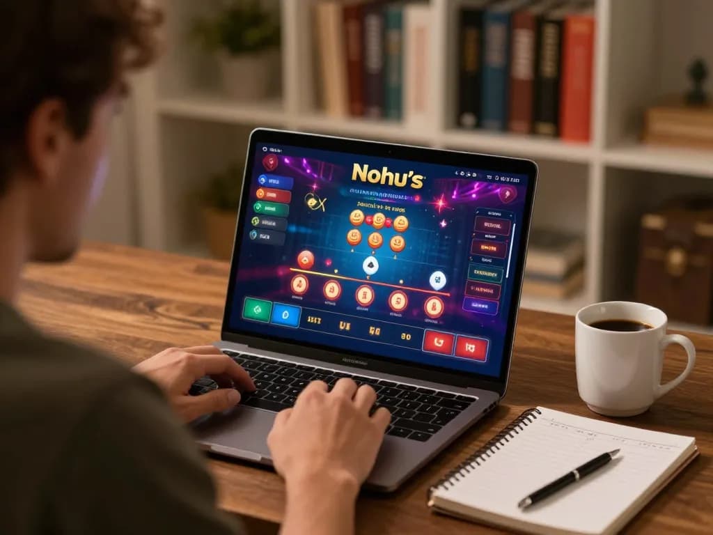 Nohu online gaming setup with a player strategizing bets using a laptop and notes