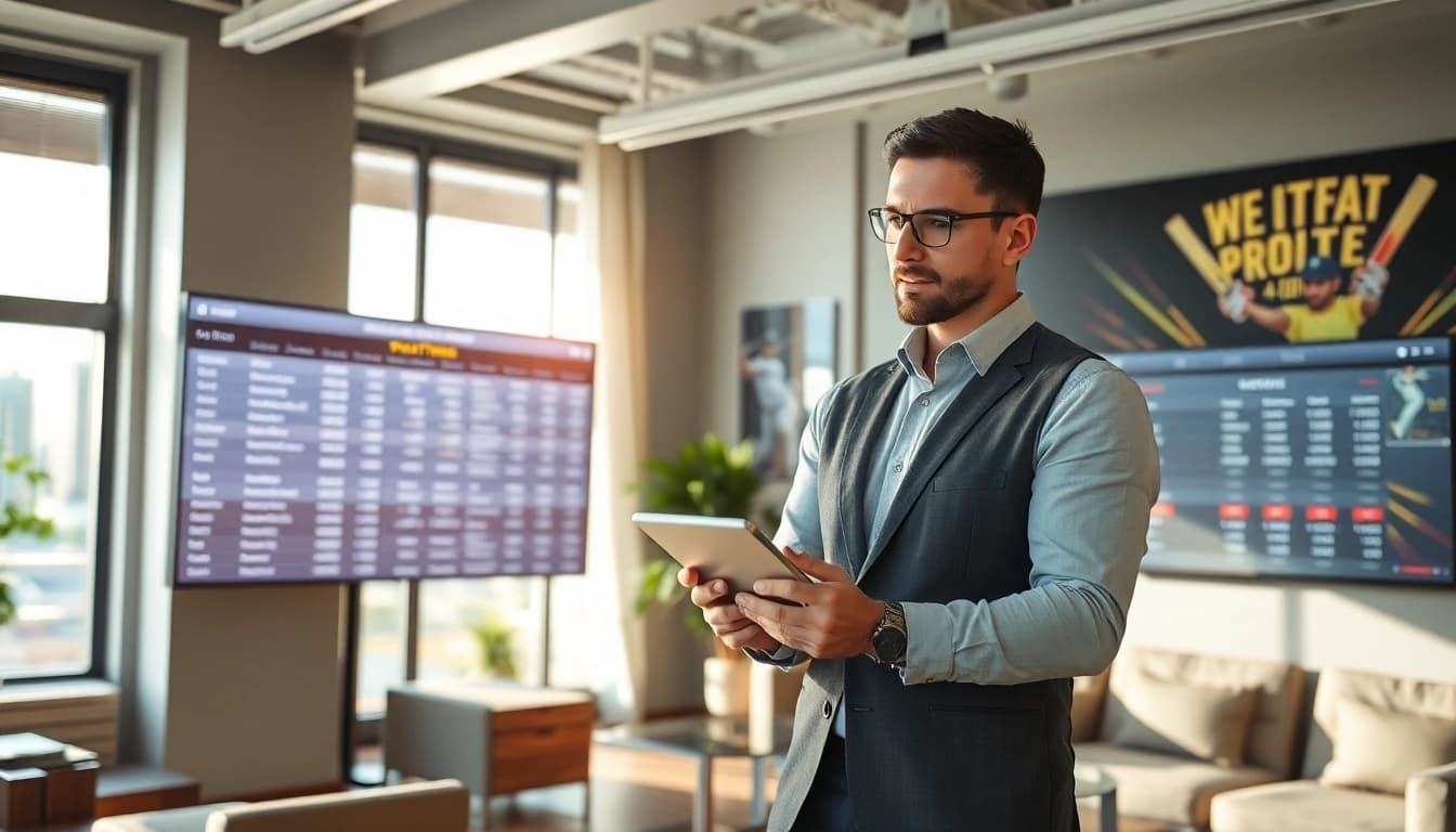 Engaging visual of a cricket analyst presenting today IPL match prediction online cricket betting insights.