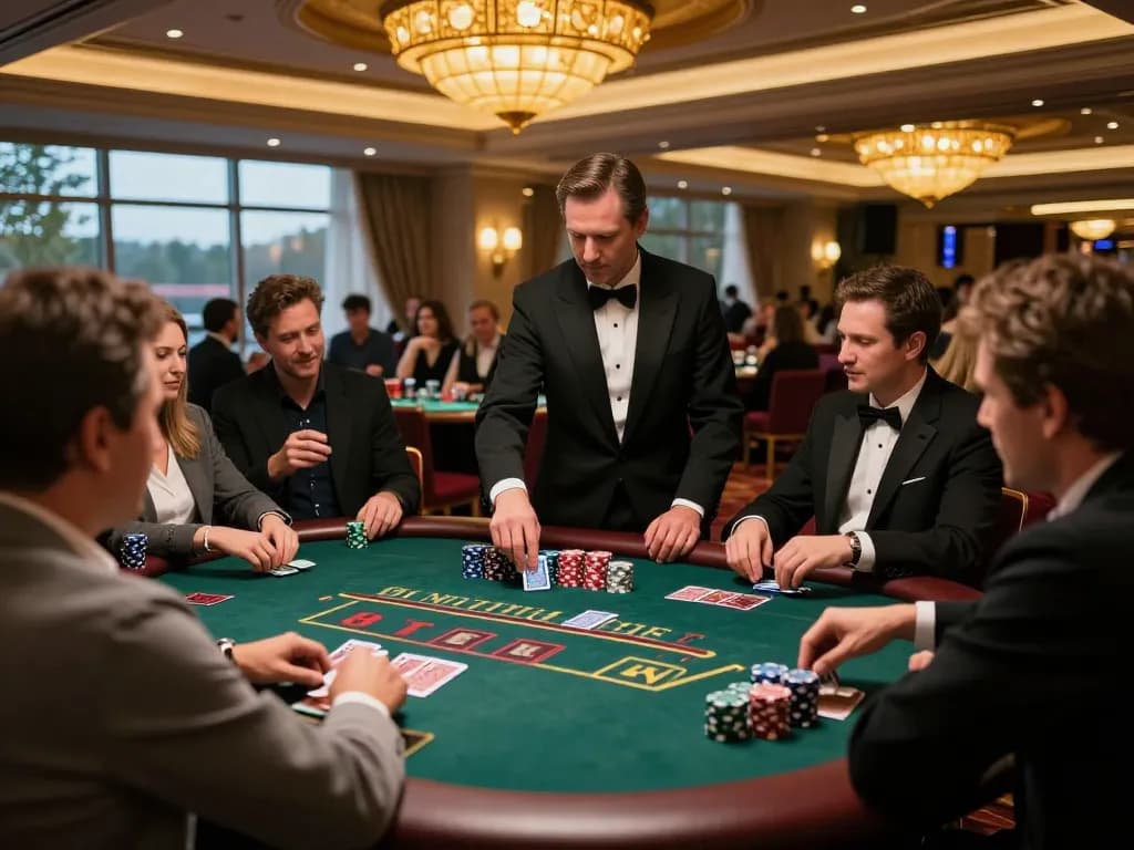 Players engaging in strategic gameplay at an upscale blackjack table in the bustling casino, highlighting shbet's vibrant atmosphere.