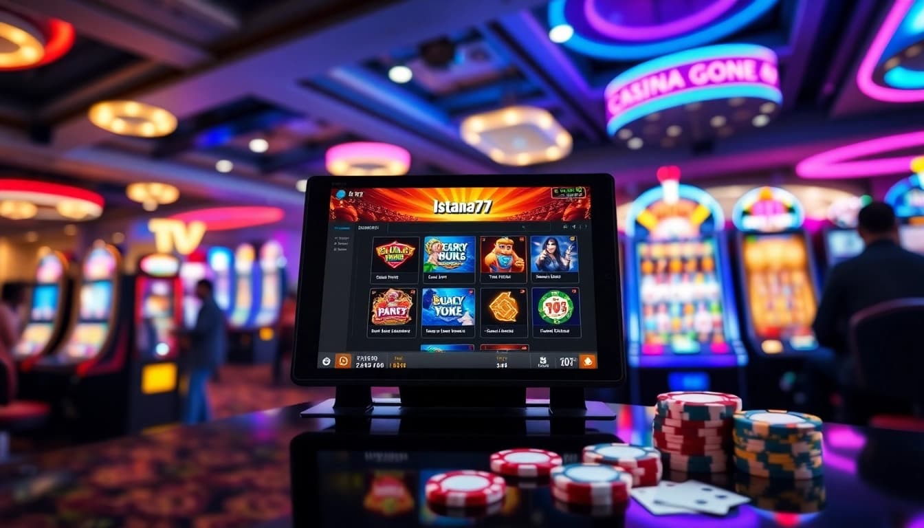 Menggambarkan platform Istana777 Situs dengan permainan kasino yang menarik dan cerah.