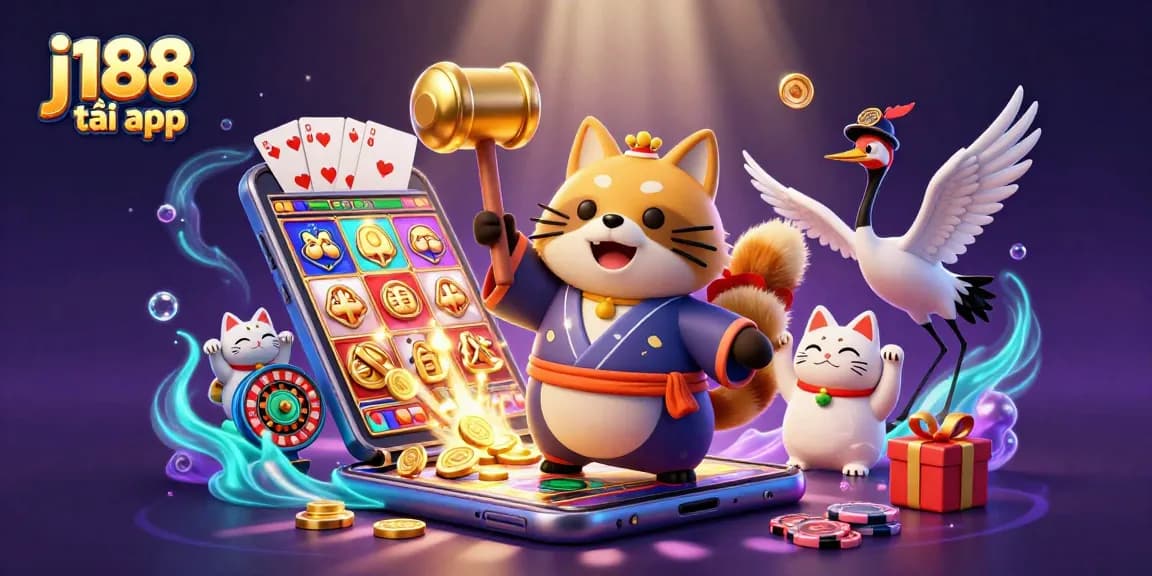 Experience excitement and charm with j188 tải app showcasing a cheerful tanuki, crane, and fortune cats in a vibrant casino scene.