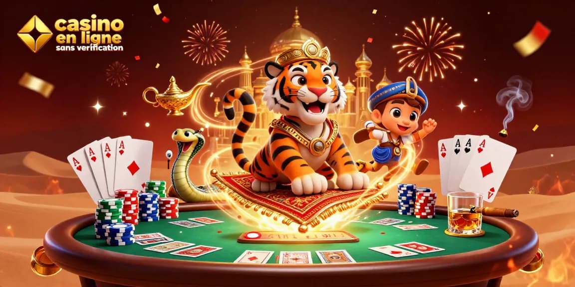 Jouer à un casino en ligne sans vérification avec des personnages colorés et des éléments de jeux éparpillés.