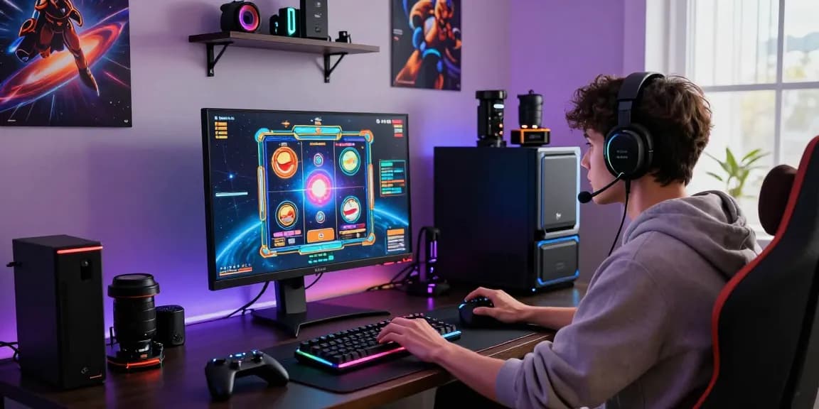 Engaging gamer enjoying the spaceman slot game in a vibrant, tech-filled room.