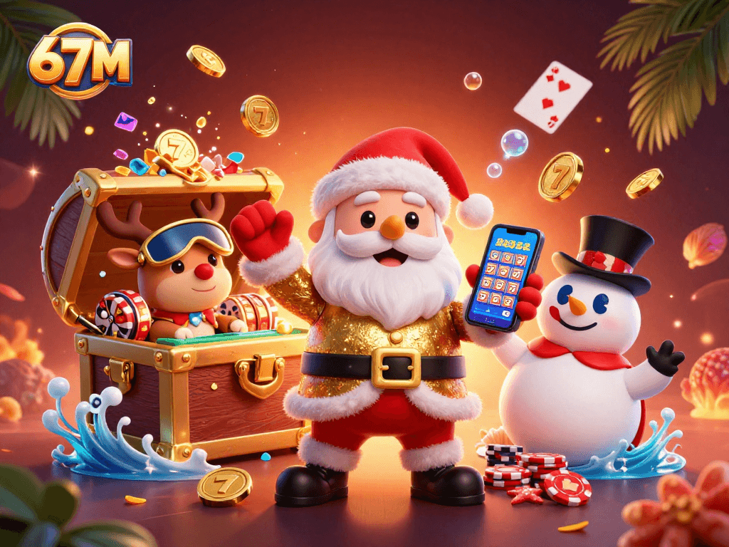 Ganhe com 67M: ilustração divertida de um Papai Noel em cassino, celebrando jackpots.