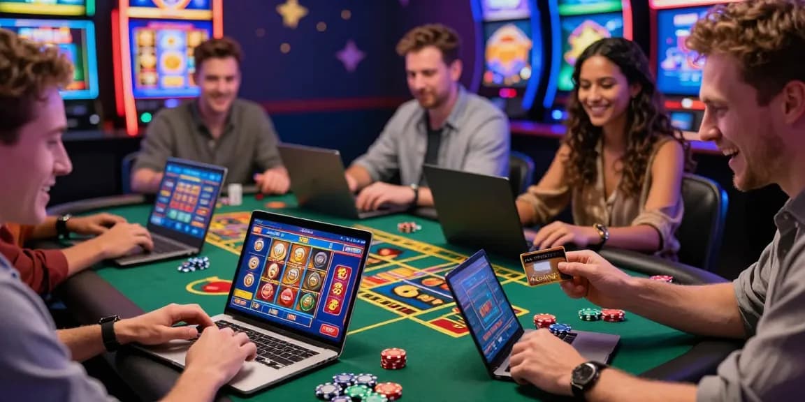 Players enjoying online credit card games at being-there.org.uk, vibrant casino atmosphere captured with joyful expressions.
