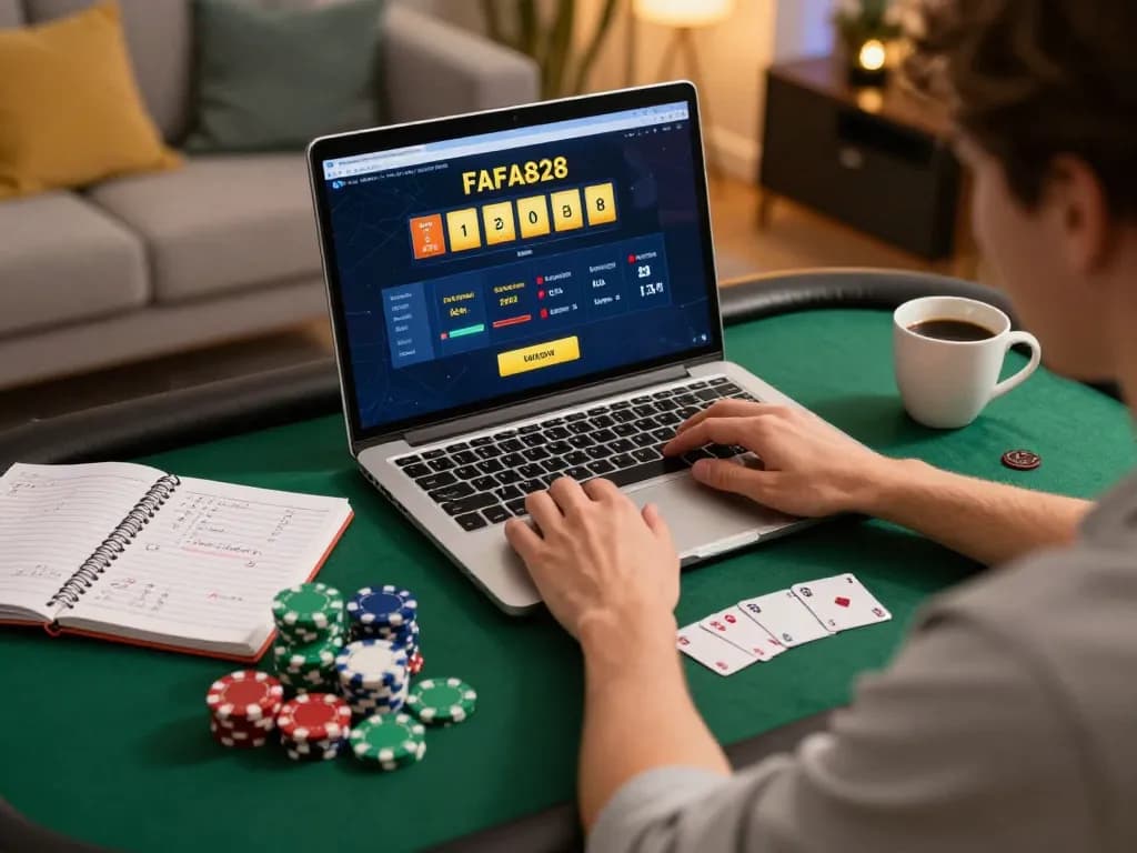 Player engaging with FAFA828 online casino on laptop, displaying thrilling gaming action.