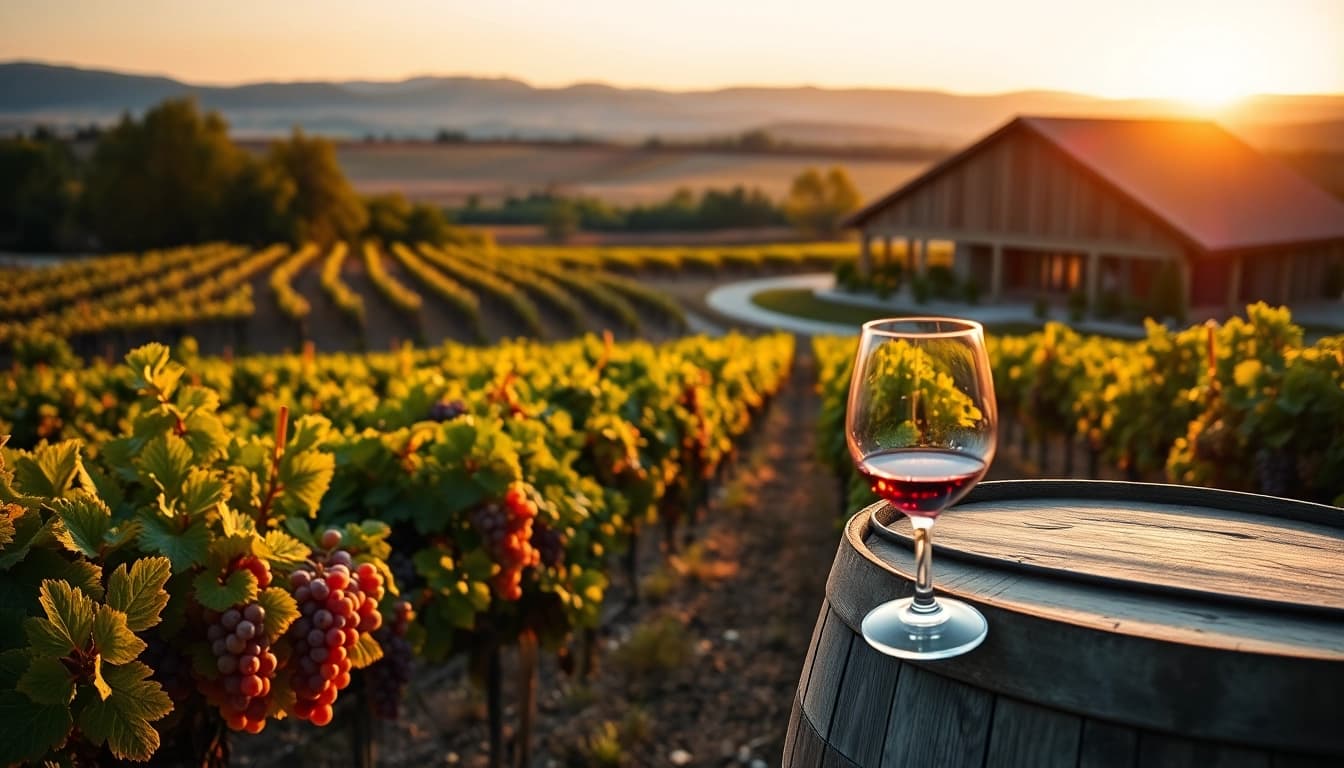 Tasting fine wines in scenic wineries in Clarksburg with beautiful vineyards in the background.