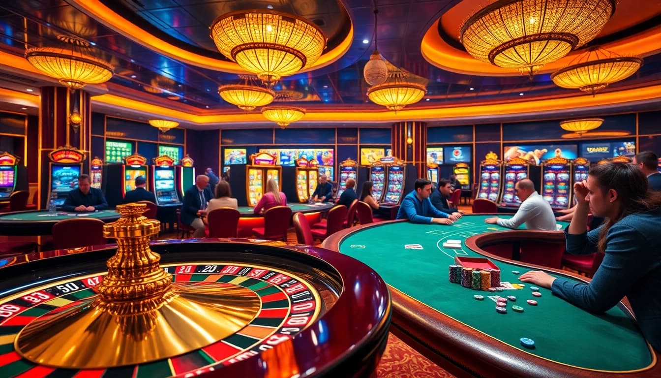 Experience premium gaming excitement with obraltoto at a luxurious casino featuring vibrant roulette and poker tables.