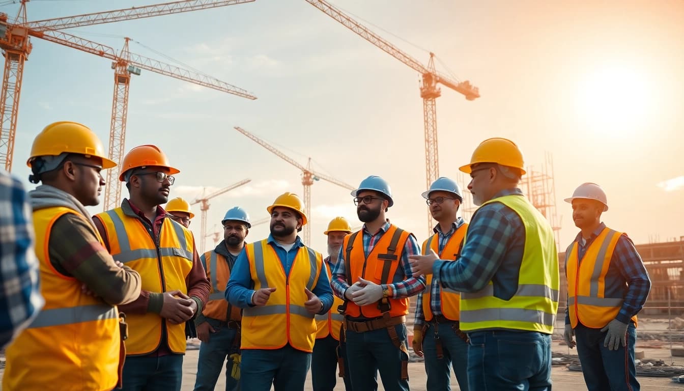 Construction safety training session with professionals demonstrating safety gear and protocols.