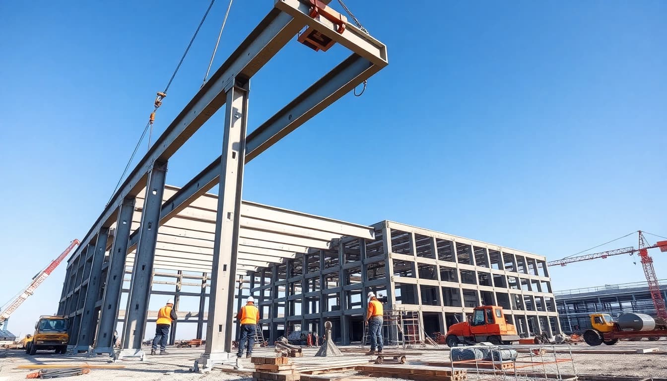 Visualize structural steel installation with workers assembling steel beams at a bustling construction site.