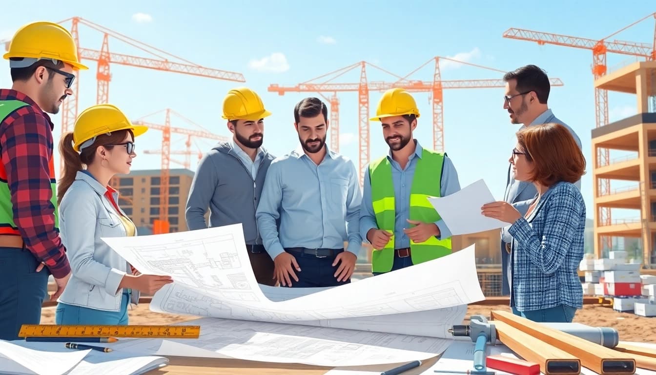 Professionals from a construction member organization collaborating on project planning at a site.
