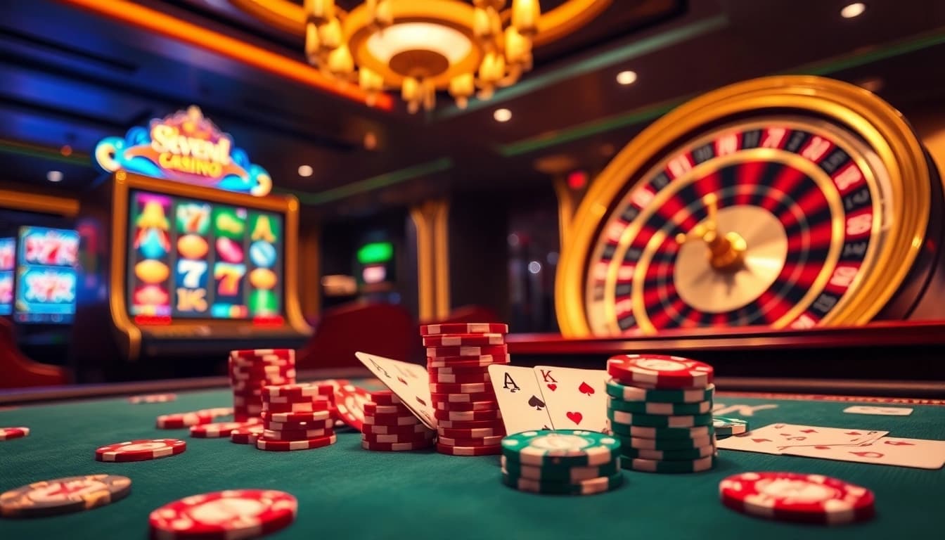Experience the thrill of gaming excitement with seven77 login at a luxurious casino table full of poker cards.