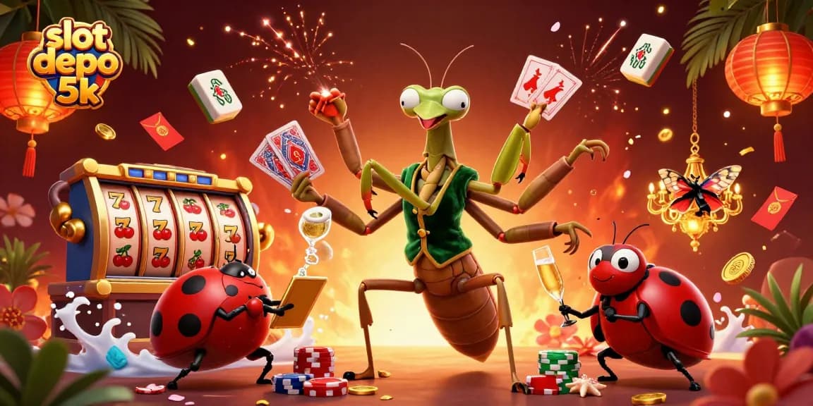 Spin the reels at slot depo 5k with exciting characters dealing cards and pouring drinks.