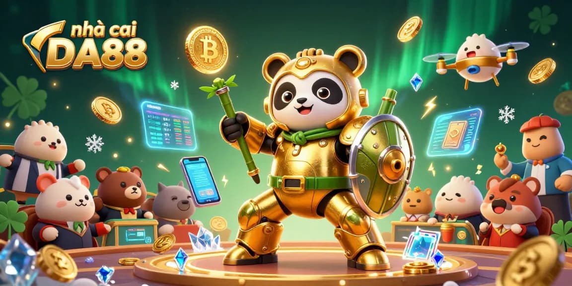 Engage in thrilling gameplay with nhà cái DA88 as a golden panda battles in a vibrant casino arena.