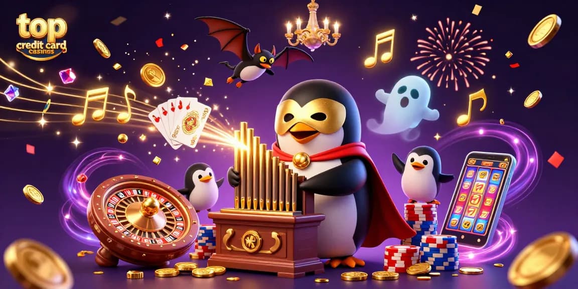 Experience top credit card casinos through a whimsical 3D scene filled with festive gaming elements.