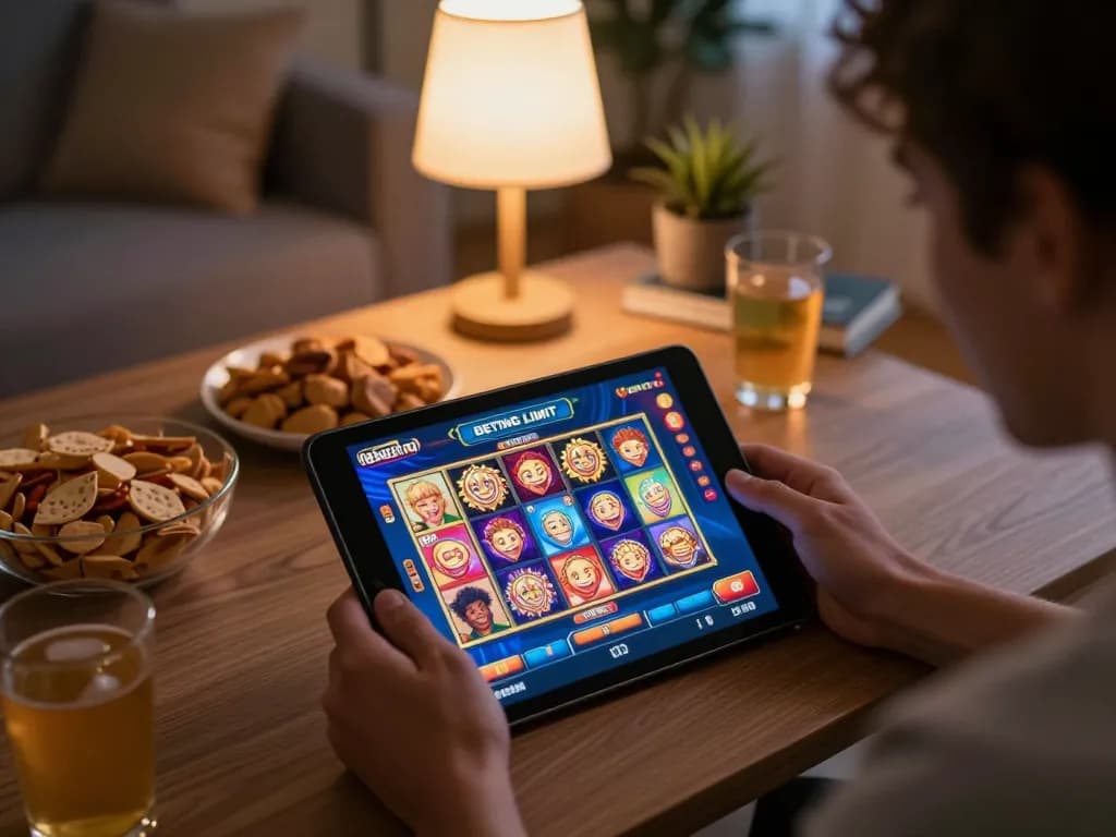 Engaging in online slots gameplay with tablet and colorful graphics at home on slot-gacor2026