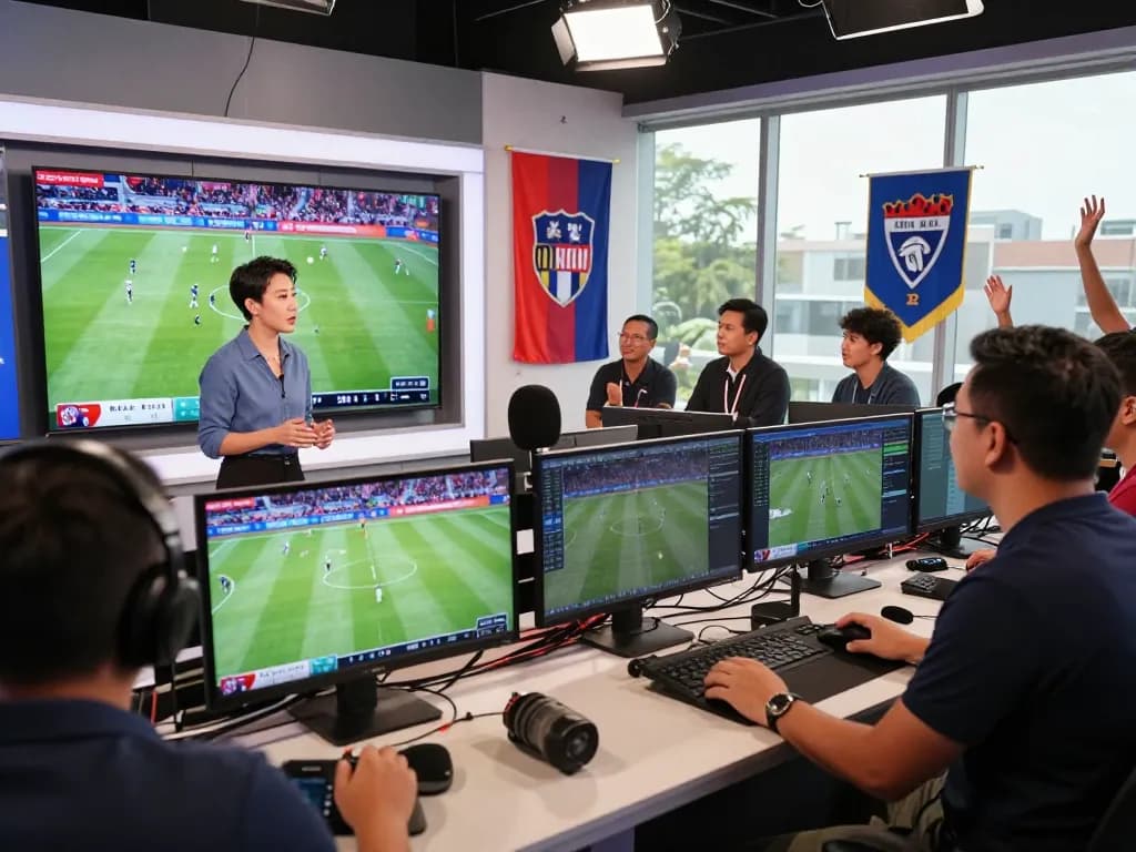 CàkhịaTV presenter discussing live football matches in a modern studio.