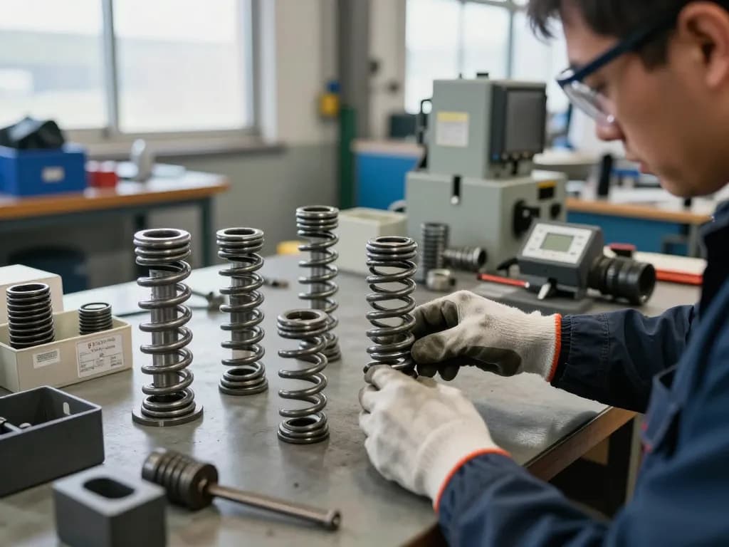 Tehnician asamblând arcuri oțel într-un atelier industrial luminos cu echipament de siguranță