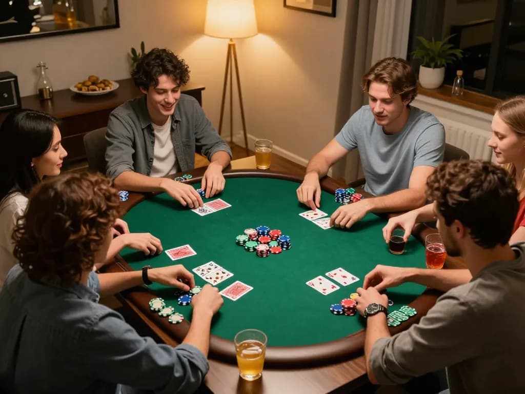Players enjoying Canada online casinos reddit poker night in cozy home setup with strategic gameplay.