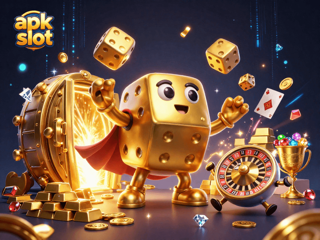 Menggoda keberuntungan Anda dengan apk slot, menghadirkan visual kasino dengan dadu emas dan harta yang melimpah.