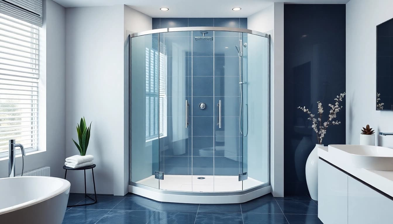 Ein stilvoller Blick auf die sonni Duschkabine in einem modernen Badezimmer mit eleganten Glasoberflächen.