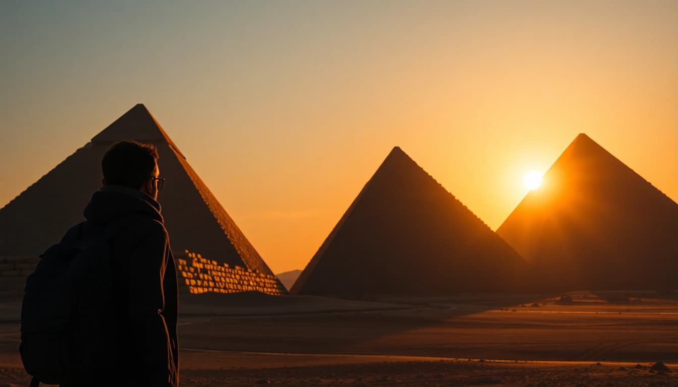 Explore the majestic piraminds under a dramatic sunset in this stunning landscape.