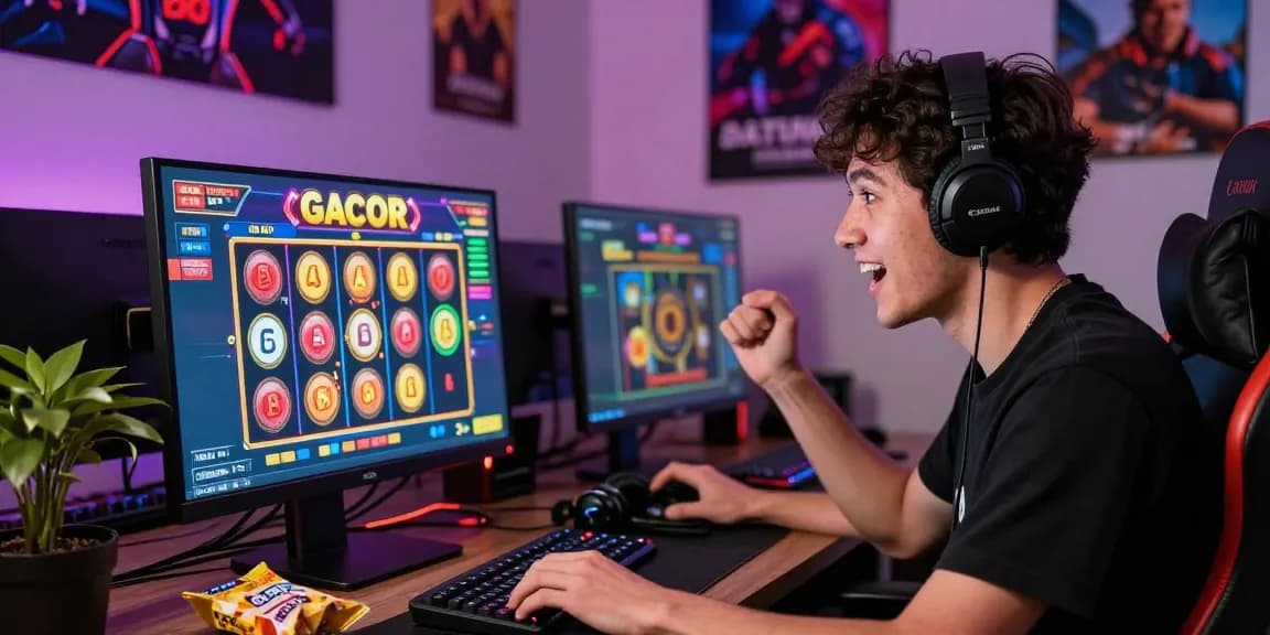 Engaged player enjoying slot gacor game online in a vibrant home office.