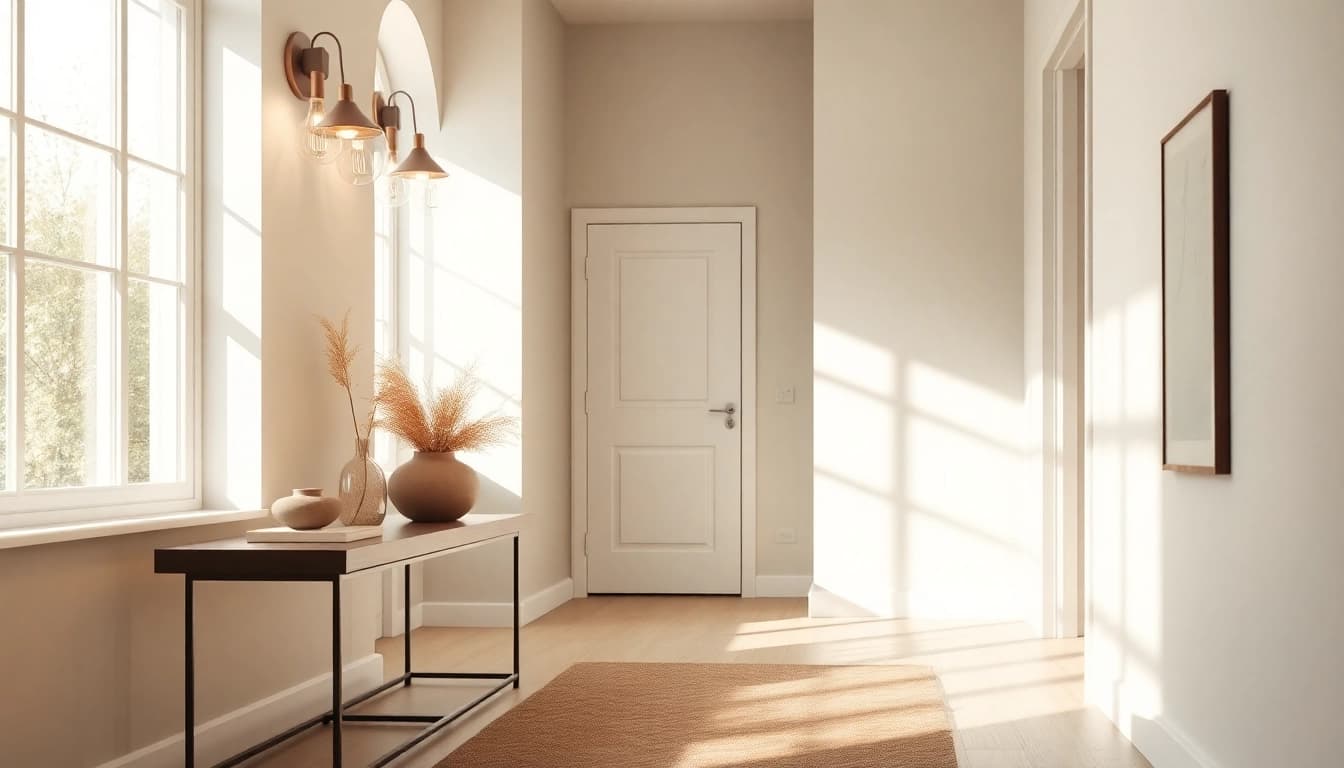 Elegant hallway lighting fixtures casting a warm glow in a modern interior space.