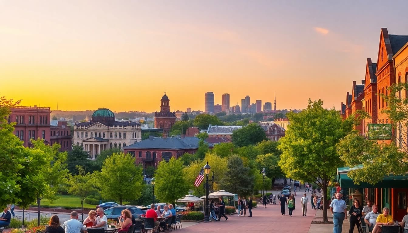 Engaging view of Clarksburg's vibrant cityscape during sunset with bustling outdoor life.