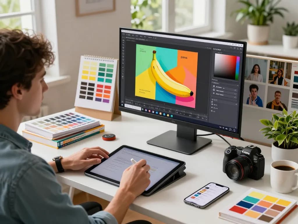 Designer engaging with nano banana AI image editor in a vibrant, modern workspace.