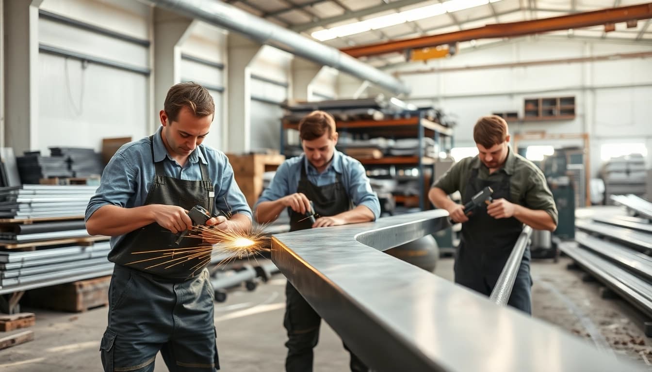 Steel fabricators near me shaping metal beams with precision in a well-lit workshop.