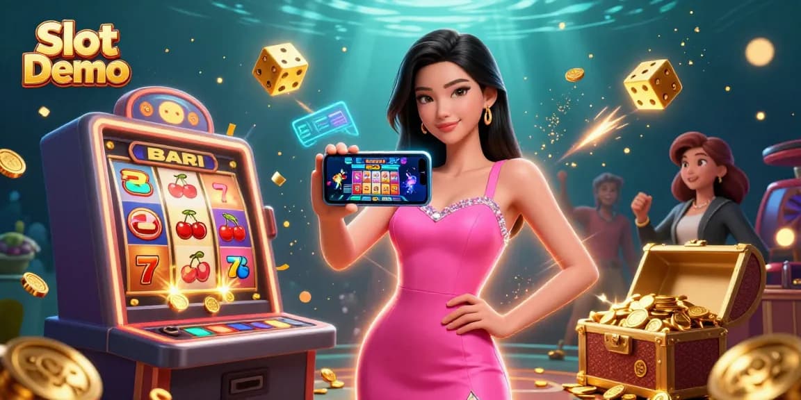 Engage with Slot Demo in a vibrant casino scene featuring a confident Asian woman showcasing live dealer games and rich slot elements.