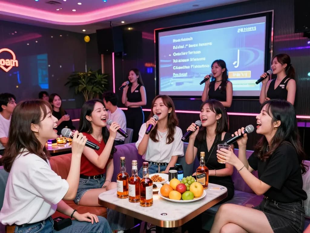 Group enjoying the lively atmosphere at gangnamtune.com karaoke venue with colorful lights and luxury seating.