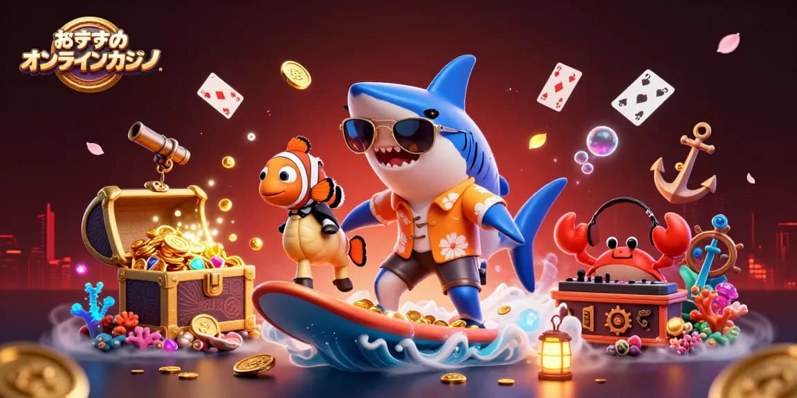 おすすめ オンラインカジノのシーン、サメが金貨の波に乗り、クマノミと海馬が輝く宝箱に囲まれています。