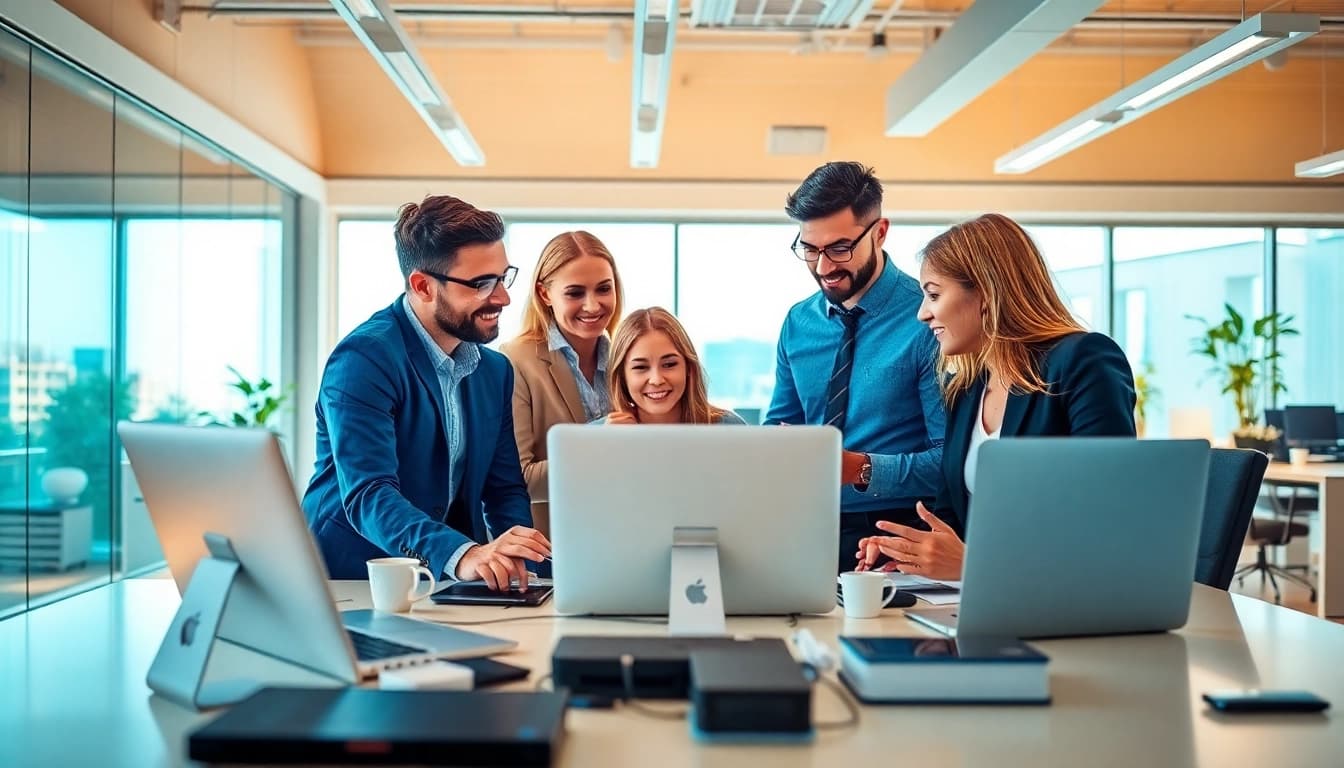 Engaging scene showcasing a team working to find commission-only salespeople in a vibrant office setting.