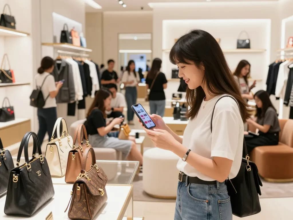 Shopping at a luxury 레플리카 쇼핑몰 showcasing high-quality replica handbags and vibrant atmosphere.