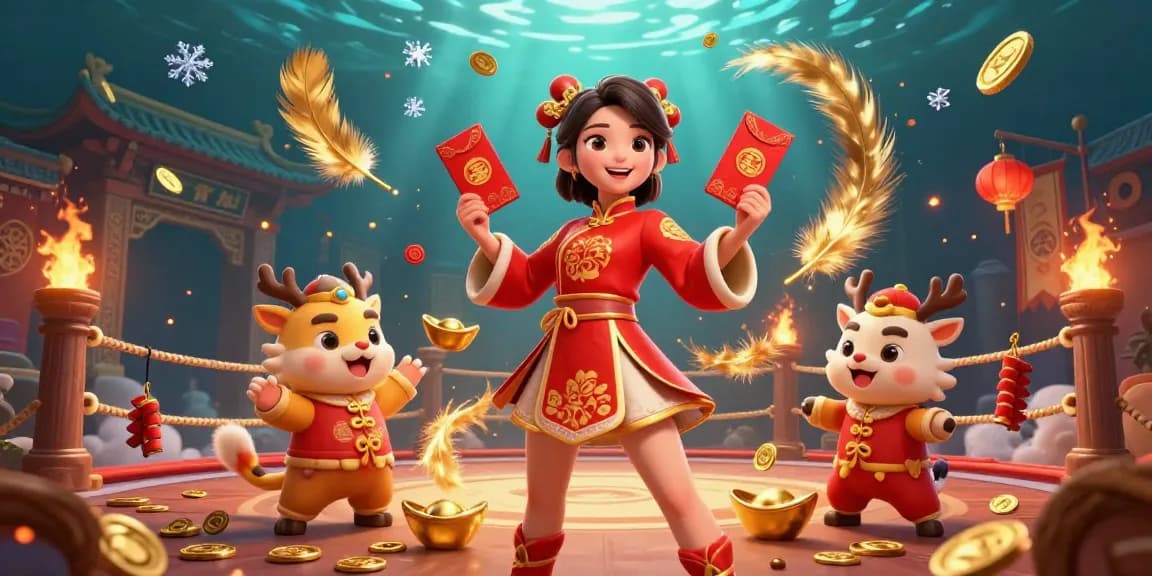 N188 showcases a vibrant Lunar New Year scene featuring a beautiful Asian woman holding gold ingots, surrounded by dynamic casino elements.