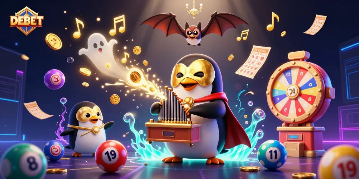 Experience the thrill of DEBET gaming with a vibrant scene of a penguin organist surrounded by playful lottery elements.
