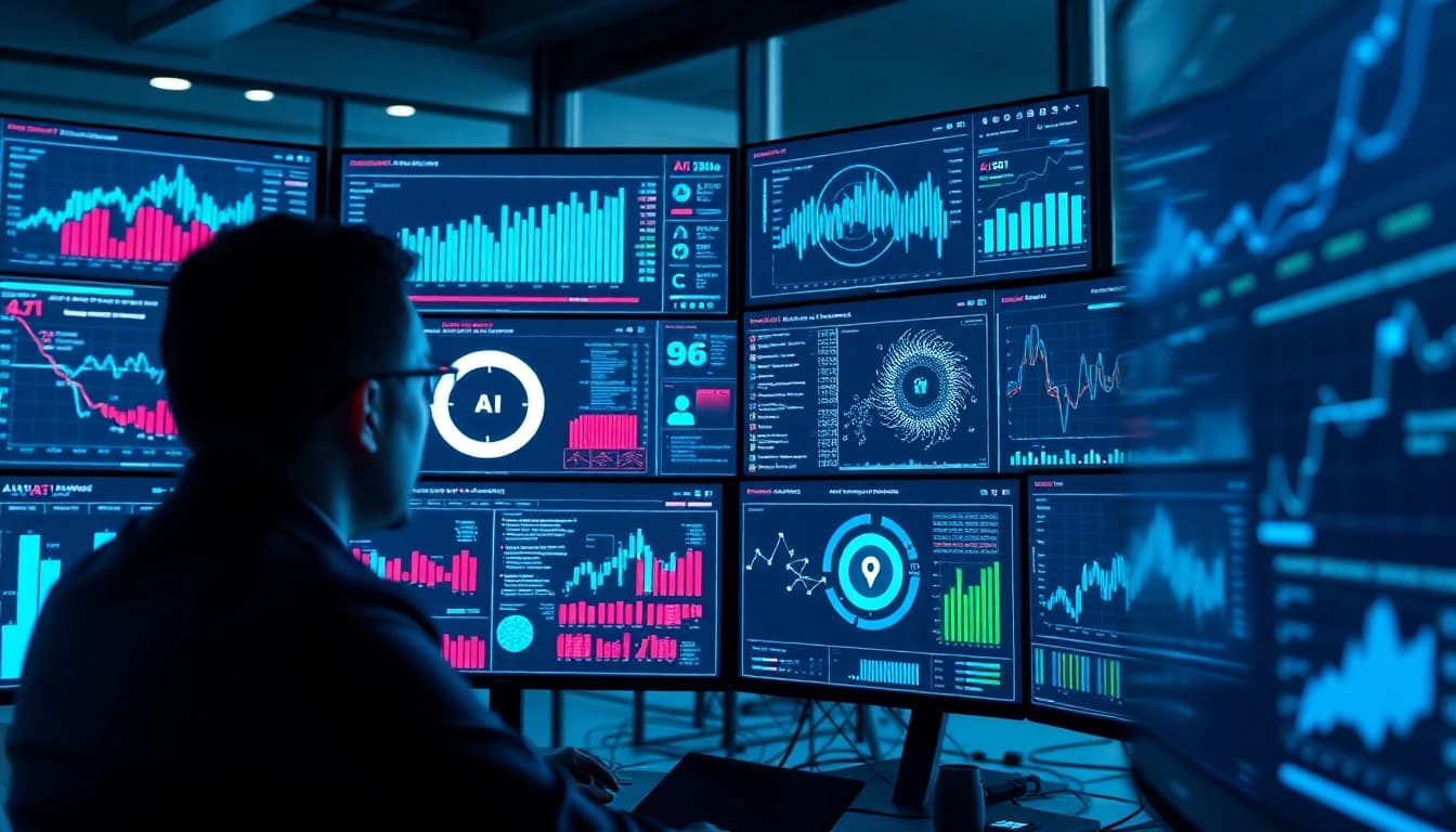 Dynamic digital workspace showcasing cybersecurity AI tools and data analytics