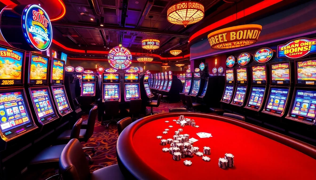 Players enjoying slot depo 1000 action at a luxurious casino with vibrant slot machines.