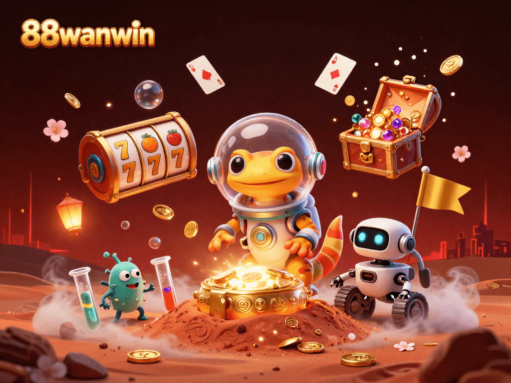 Experience the excitement of 88wanwin with a Martian gecko discovering a golden casino on Mars.